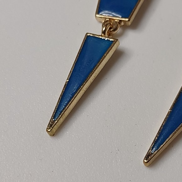 Blue And Gold Tone Metal Long Dangling Triangle Earrings - Picture 3 of 11